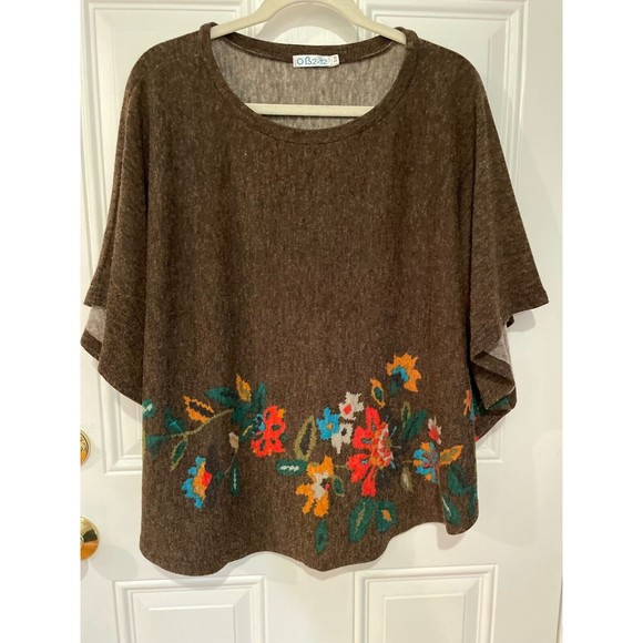 OB2-12 Size S/M Brown Floral Sweater Poncho Top, Bohemian - Picture 2 of 6